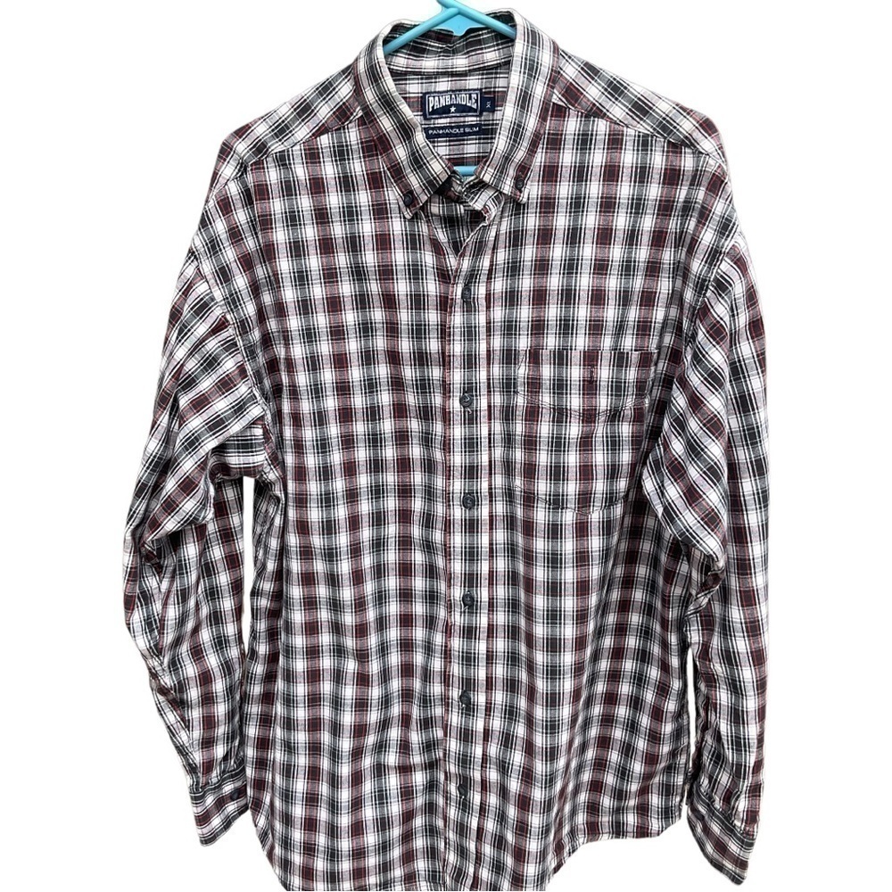 PANHANDLE MENS SLIM BUTTON DOWN BLACK RED WHITE PLAID SHIRT SIZE XL